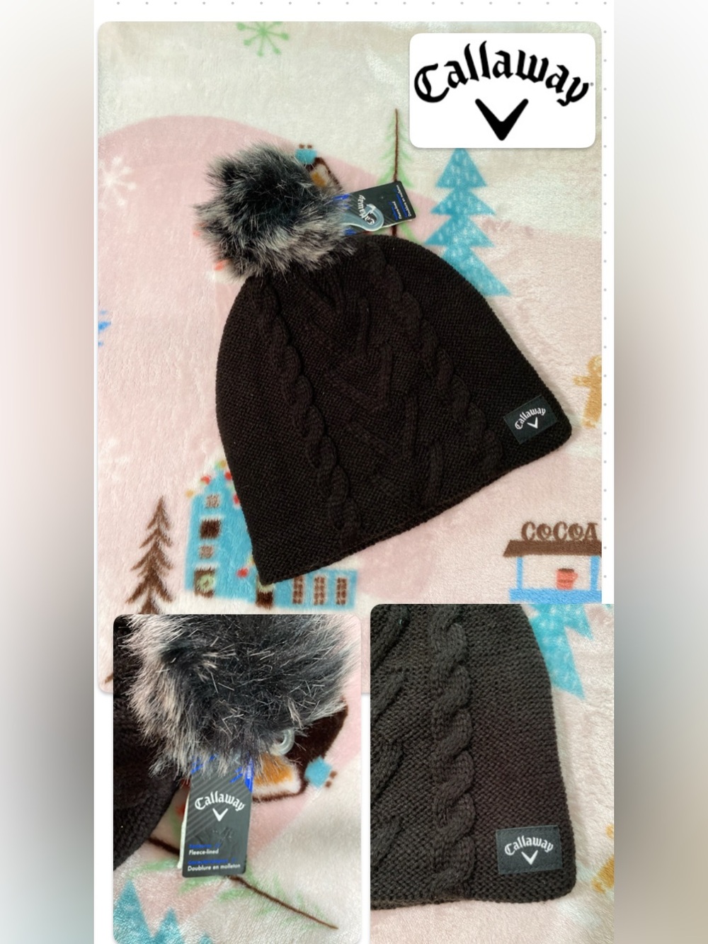 Callaway Women’s Fleece Lined Black Cable-Knit Beanie with Faux Fur Pom